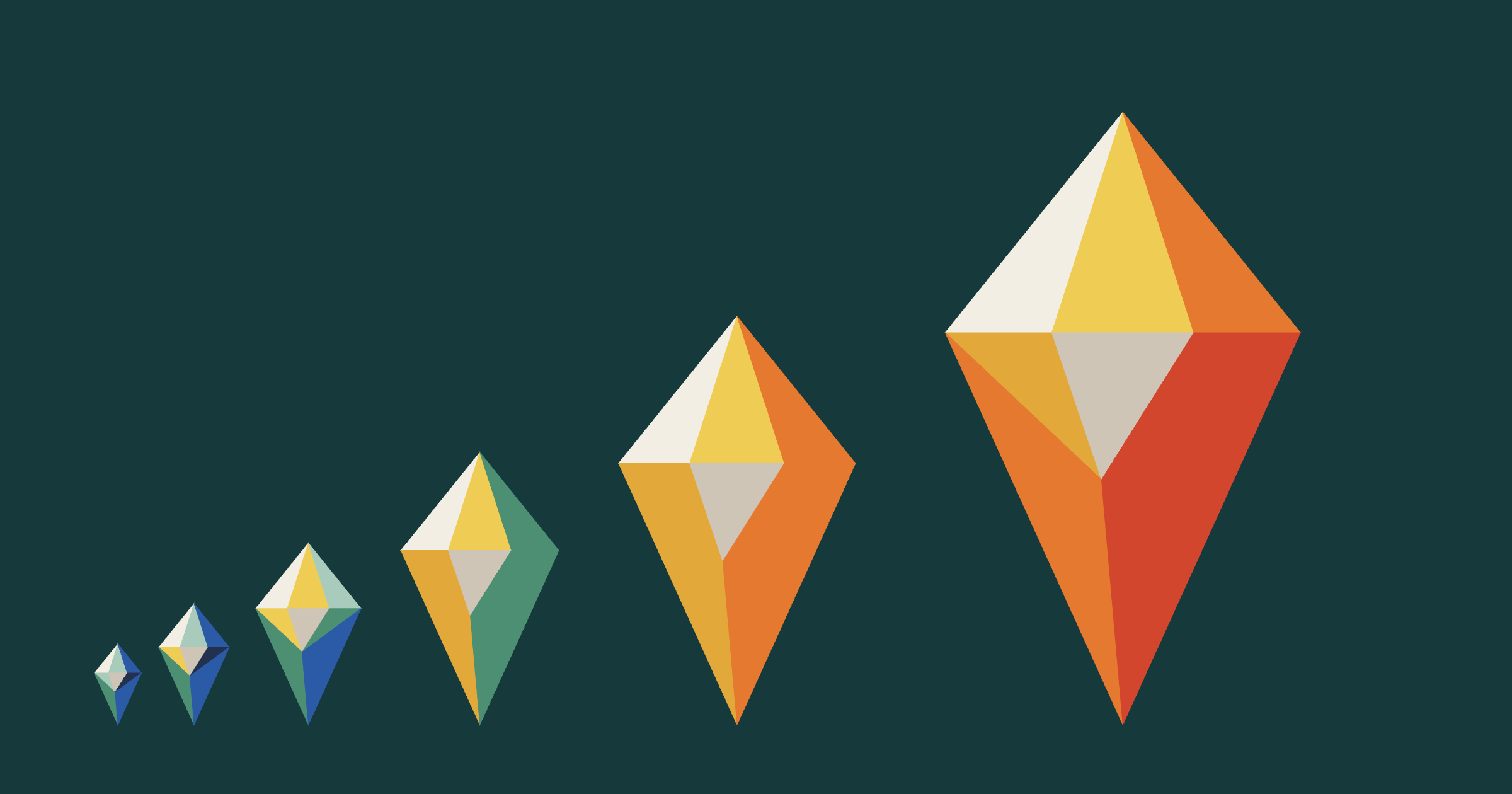 A row of cut gems on a deep teal ground, each larger than the last, their colors warming from blues and greens to yellow, orange, and red.