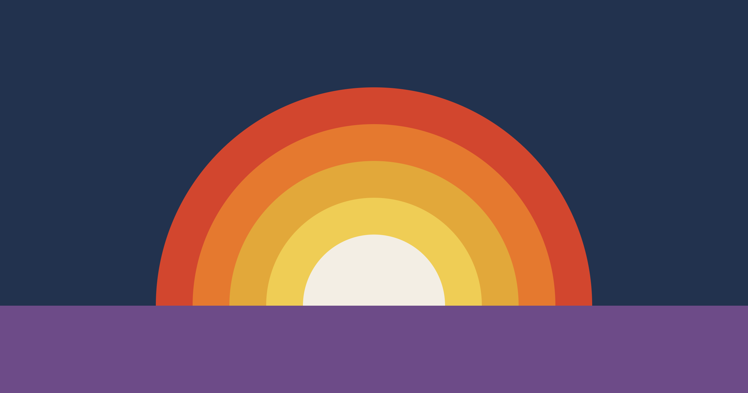 A sun made of red, orange, ochre, and yellow bands sits half above a purple horizon in a navy sky. It could be rising or setting.