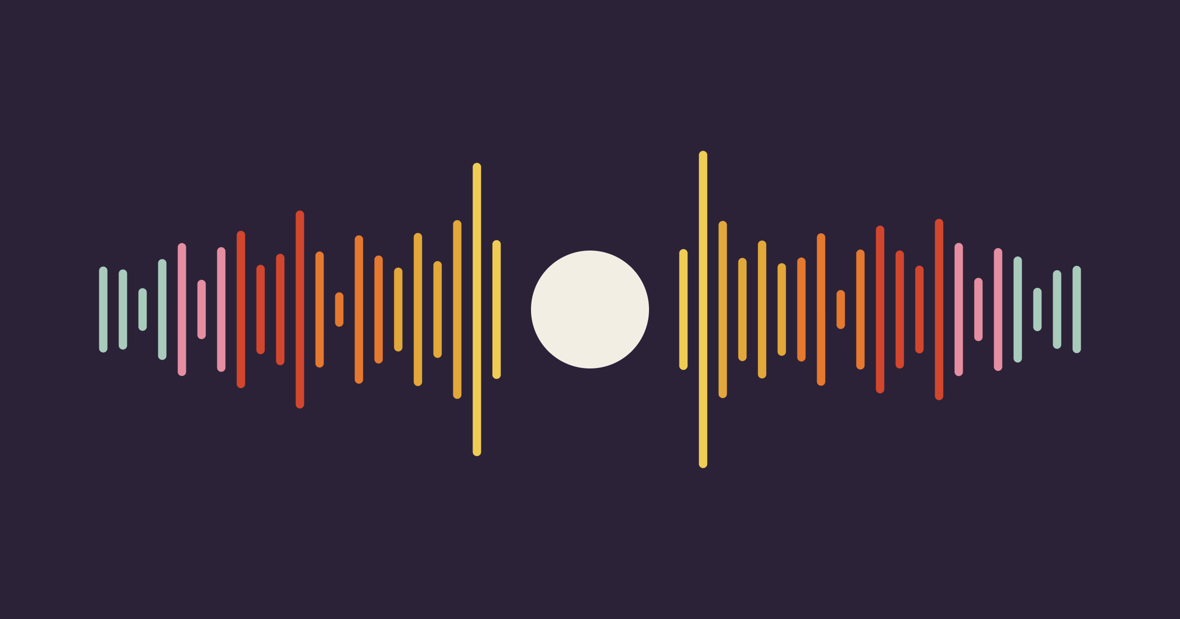 A cream circle in the middle of a dark plum field, with a waveform of upright bars spreading out on either side. The bars are yellow beside the circle, then orange, red, and pink, and pale green at the ends.